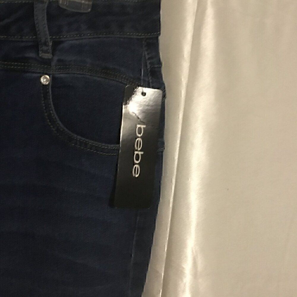 Bebe Destroyed Distressed Rhinestone Dark Wash Blue Skinny Jeans 30 - Picture 4 of 11